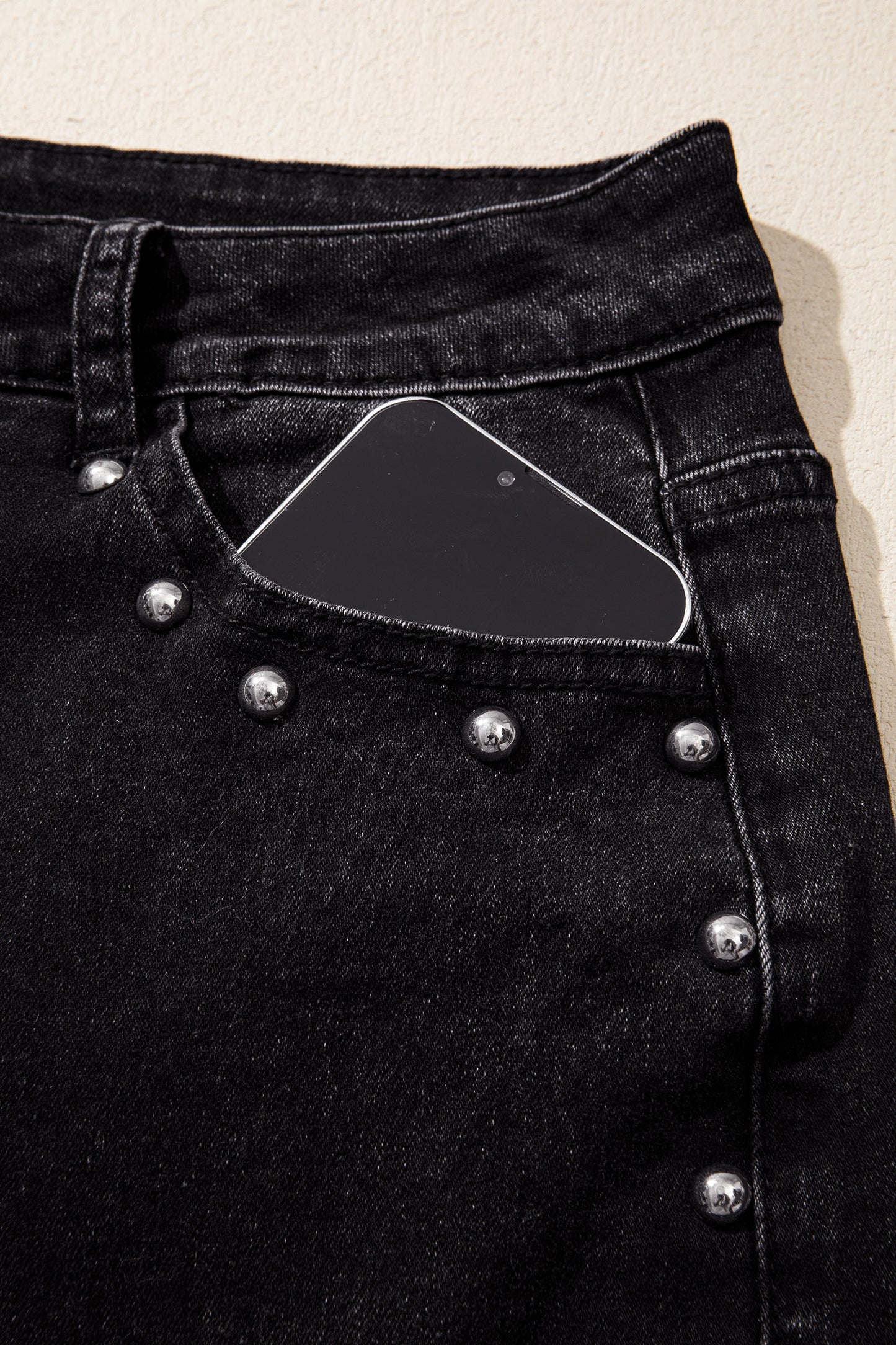 Navy Blue Studded Detail Straight Leg Casual Loose Jeans