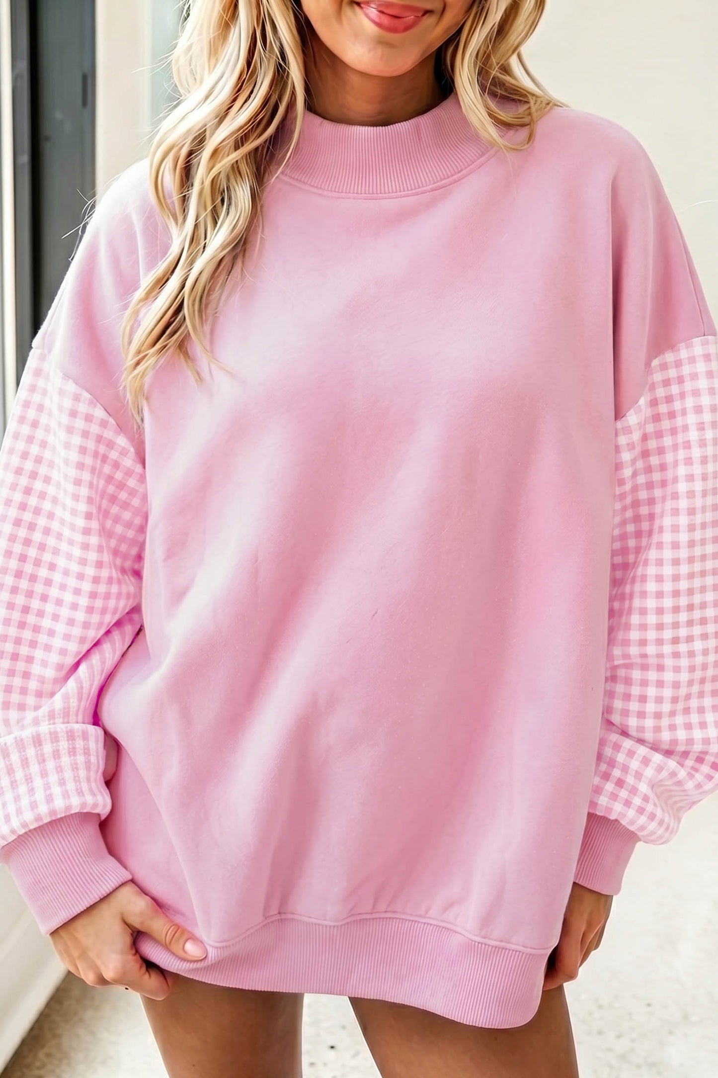 Coffee Plaid Sleeve Colorblock Loose Tunic Sweatshirt