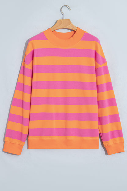Brown Stripe Colorblock Mock Neck Relaxed Sweatshirt
