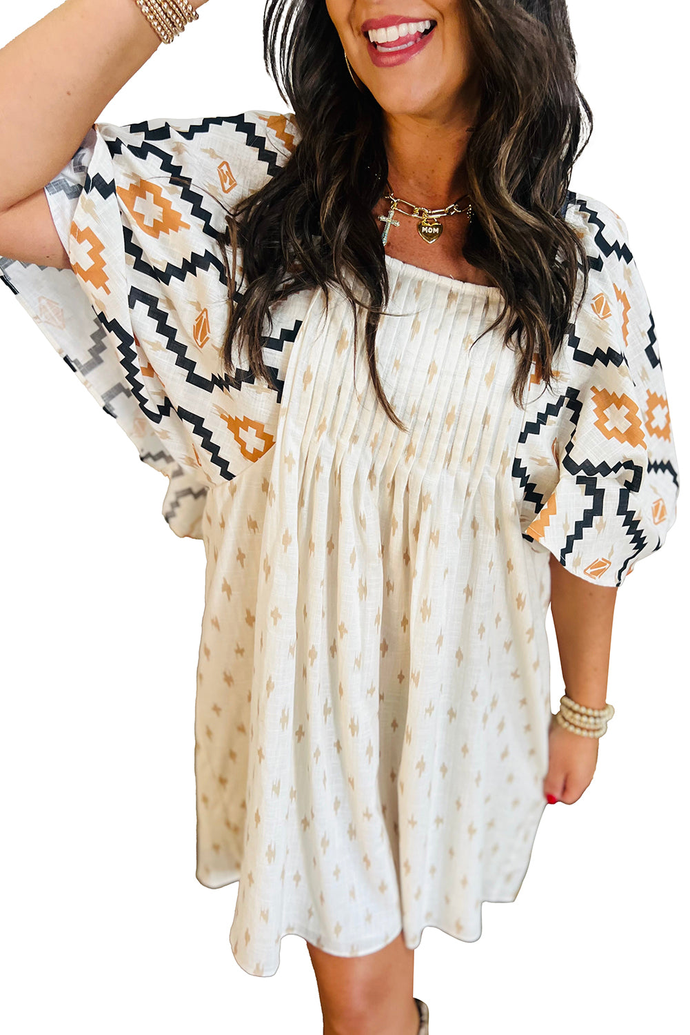 Beige Geometric Print Pleated Square Neck Loose Mini Dress