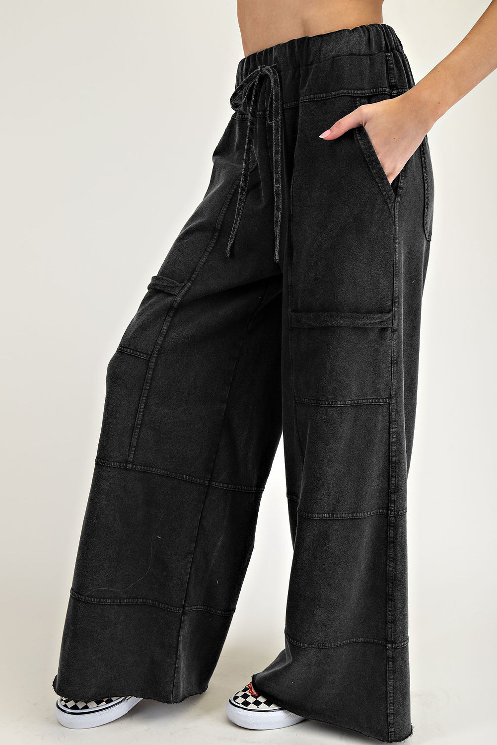 Black Mineral Wash Exposed Seam Wide Leg Cargo Pants