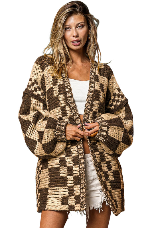 Dark Brown Colorblock Checked Loose Fit Open Front Knitted Cardigan