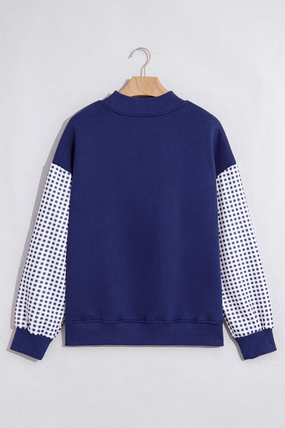 Coffee Plaid Sleeve Colorblock Loose Tunic Sweatshirt