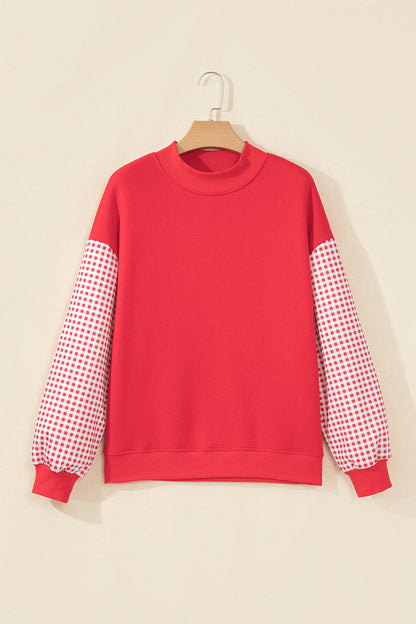 Coffee Plaid Sleeve Colorblock Loose Tunic Sweatshirt