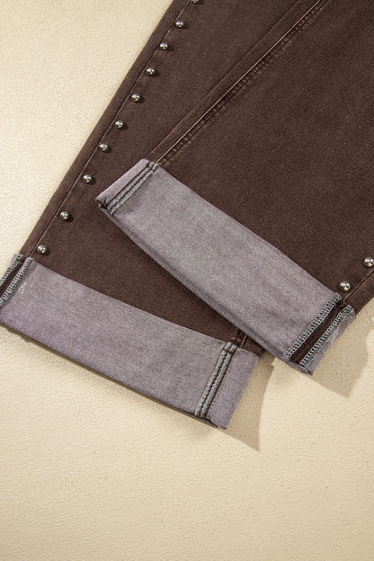 Navy Blue Studded Detail Straight Leg Casual Loose Jeans