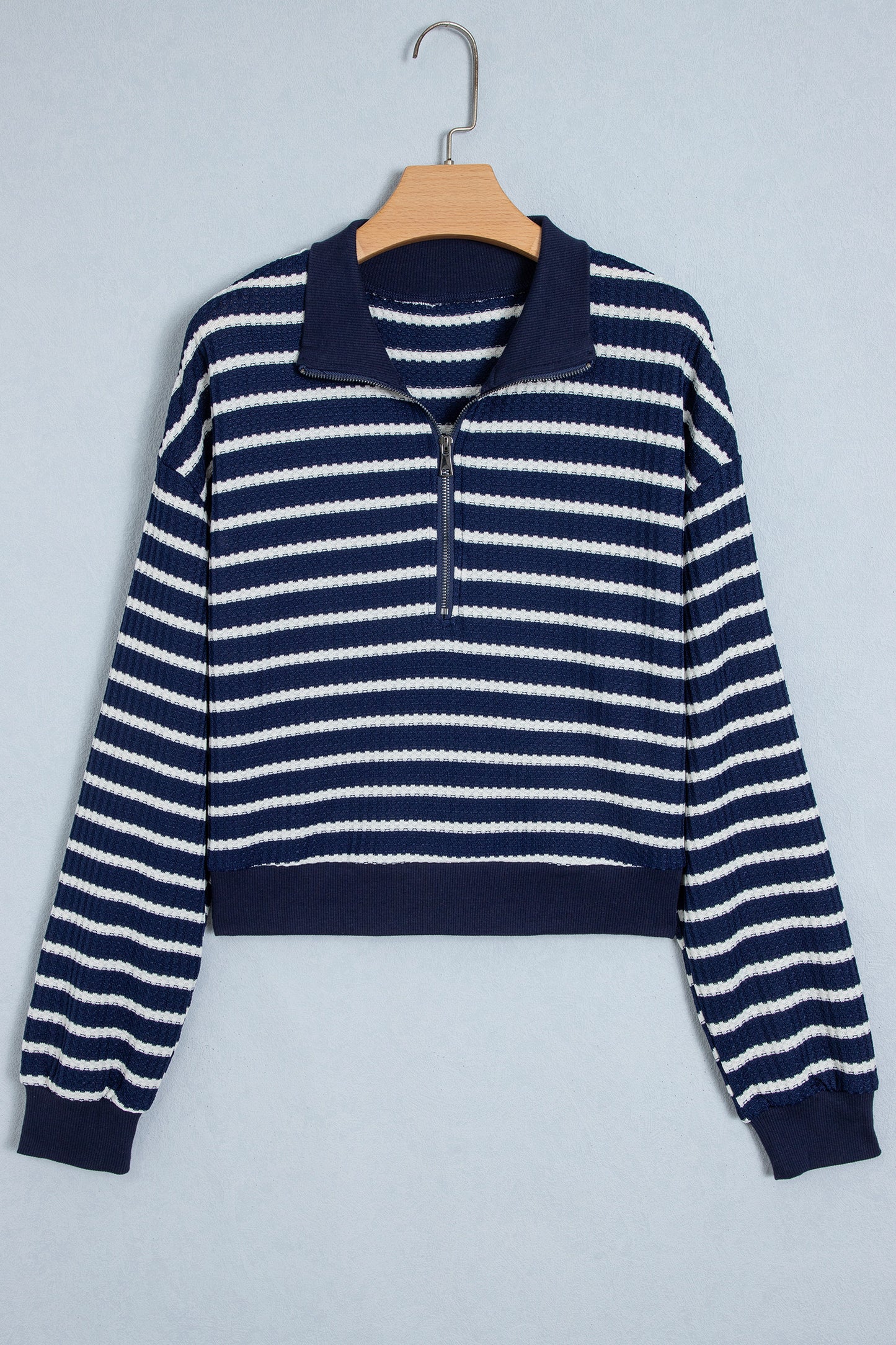 Blue Stripe Textured Knit Half Zip Collared Long Sleeve Top