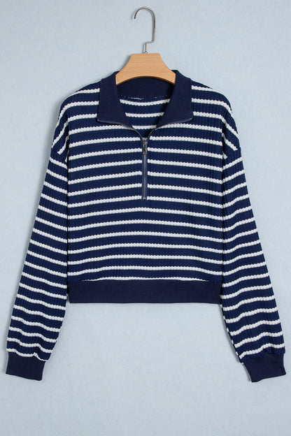 Blue Stripe Textured Knit Half Zip Collared Long Sleeve Top