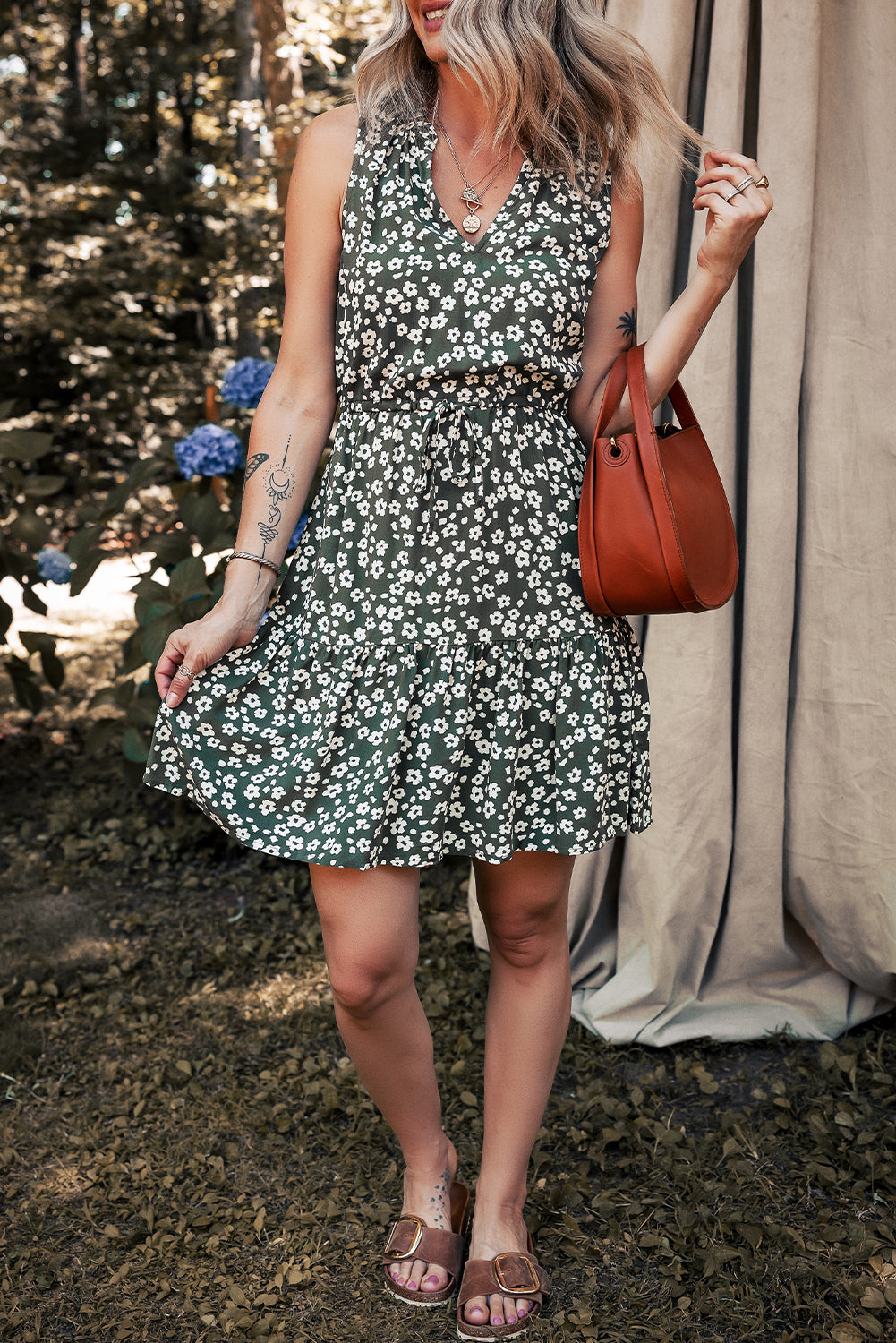 Green Boho Floral Print V Neck Knot Waist Sleeveless Dress