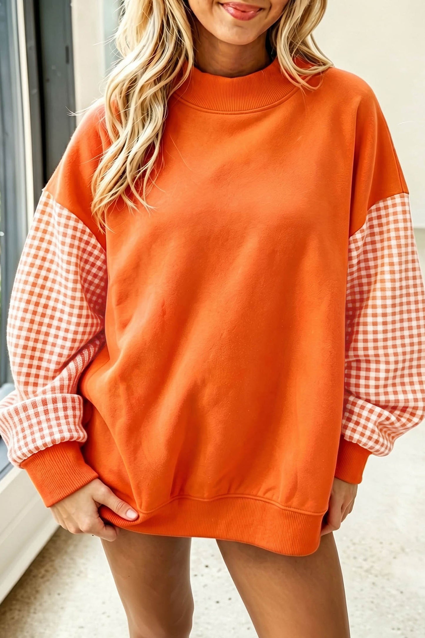 Coffee Plaid Sleeve Colorblock Loose Tunic Sweatshirt