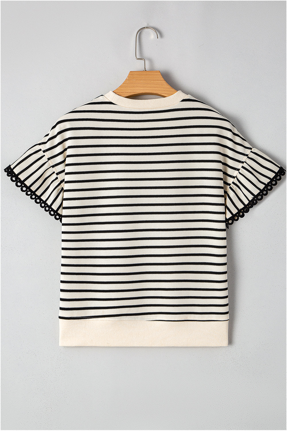 Black Stripe Scallop Lace Trim Ruffle Sleeves Crewneck Top