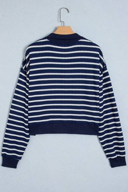 Blue Stripe Textured Knit Half Zip Collared Long Sleeve Top