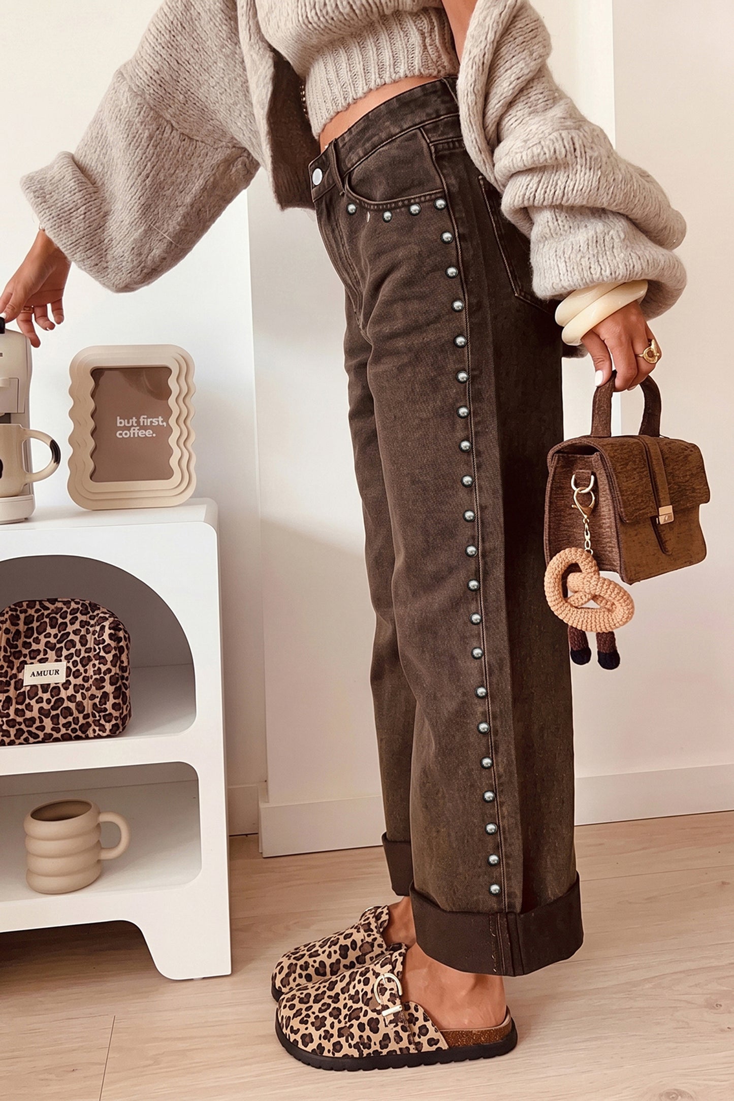 Navy Blue Studded Detail Straight Leg Casual Loose Jeans