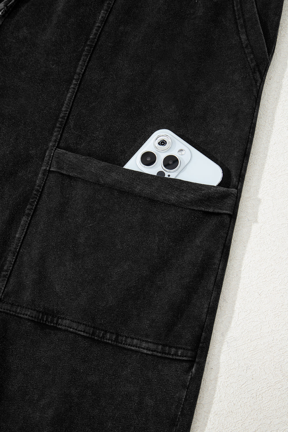 Black Mineral Wash Exposed Seam Wide Leg Cargo Pants