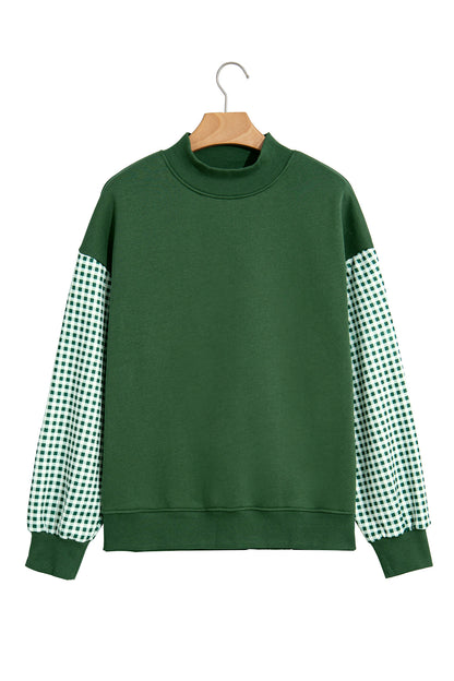 Coffee Plaid Sleeve Colorblock Loose Tunic Sweatshirt