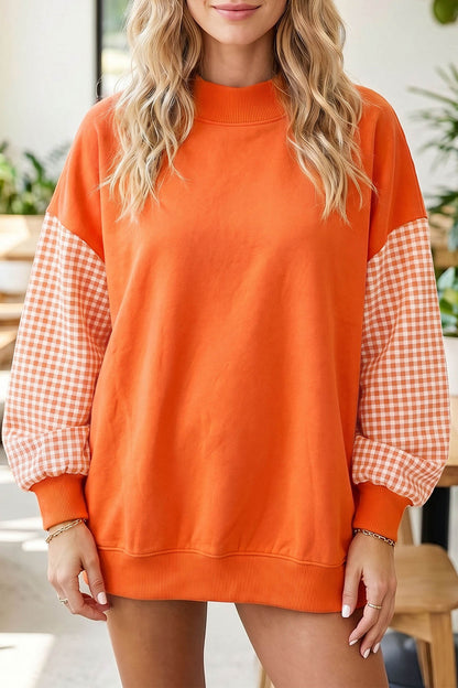 Coffee Plaid Sleeve Colorblock Loose Tunic Sweatshirt