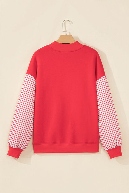 Coffee Plaid Sleeve Colorblock Loose Tunic Sweatshirt