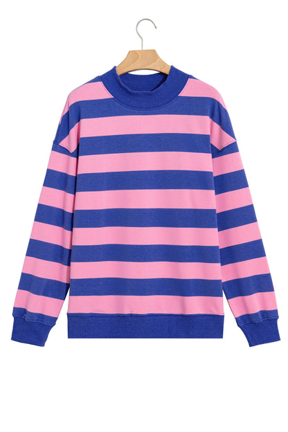 Brown Stripe Colorblock Mock Neck Relaxed Sweatshirt