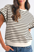 Black Stripe Scallop Lace Trim Ruffle Sleeves Crewneck Top