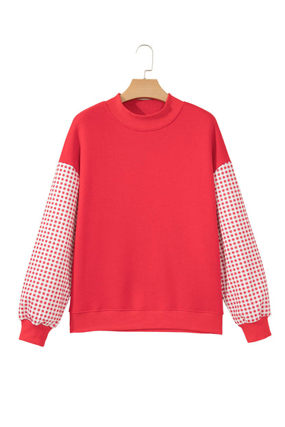 Coffee Plaid Sleeve Colorblock Loose Tunic Sweatshirt