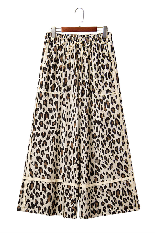 Khaki Leopard Drawstring Wide Leg Cropped Pants