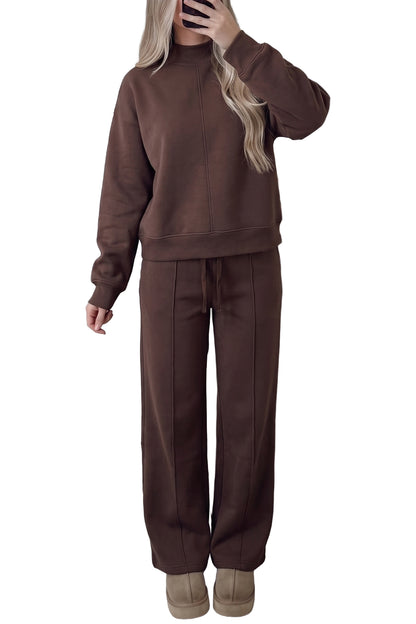 Coffee Solid Color Piping Trim Mock Neck Pullover Drawstring Pants Set