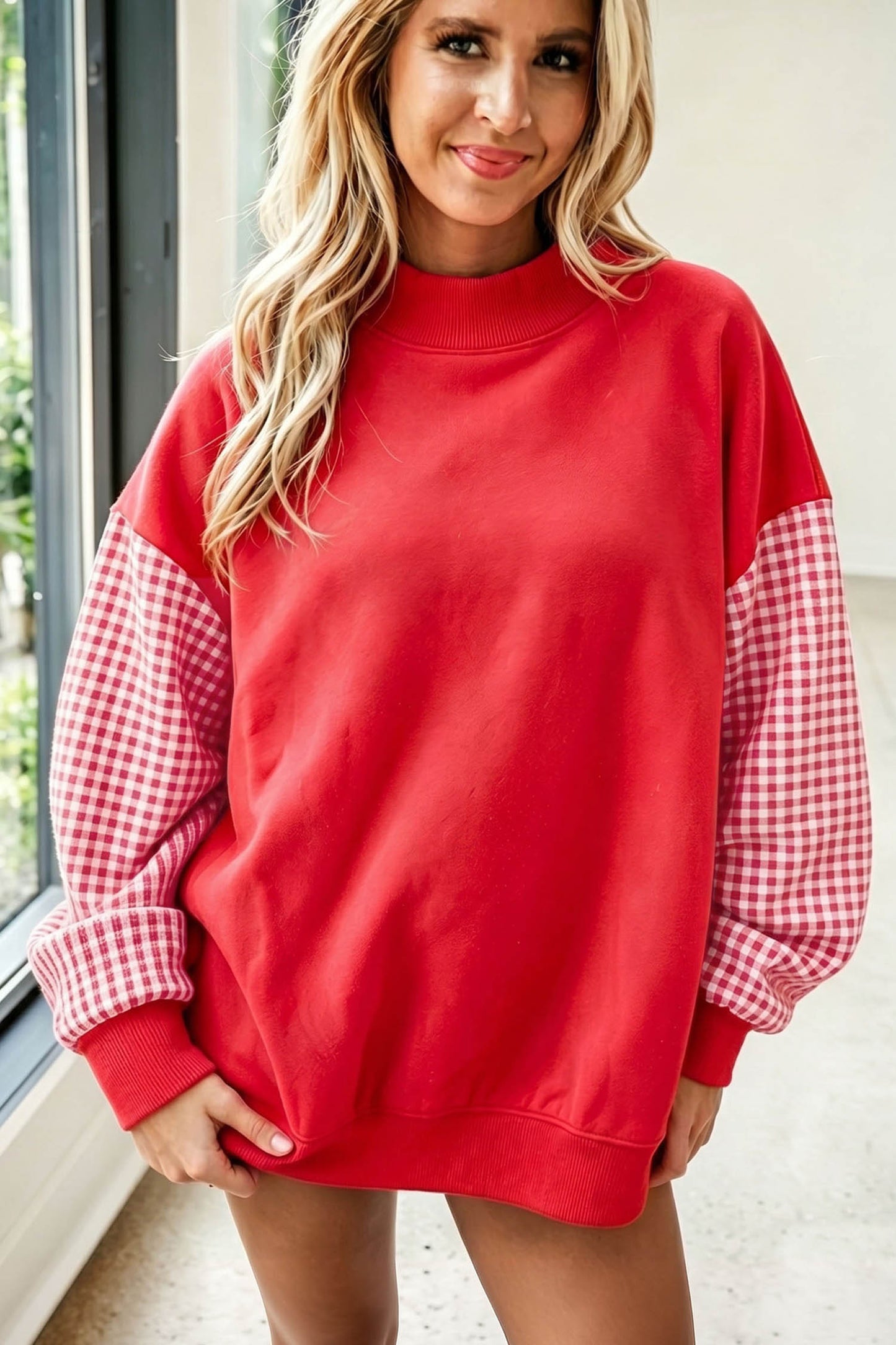 Coffee Plaid Sleeve Colorblock Loose Tunic Sweatshirt