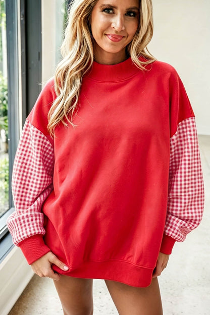 Coffee Plaid Sleeve Colorblock Loose Tunic Sweatshirt