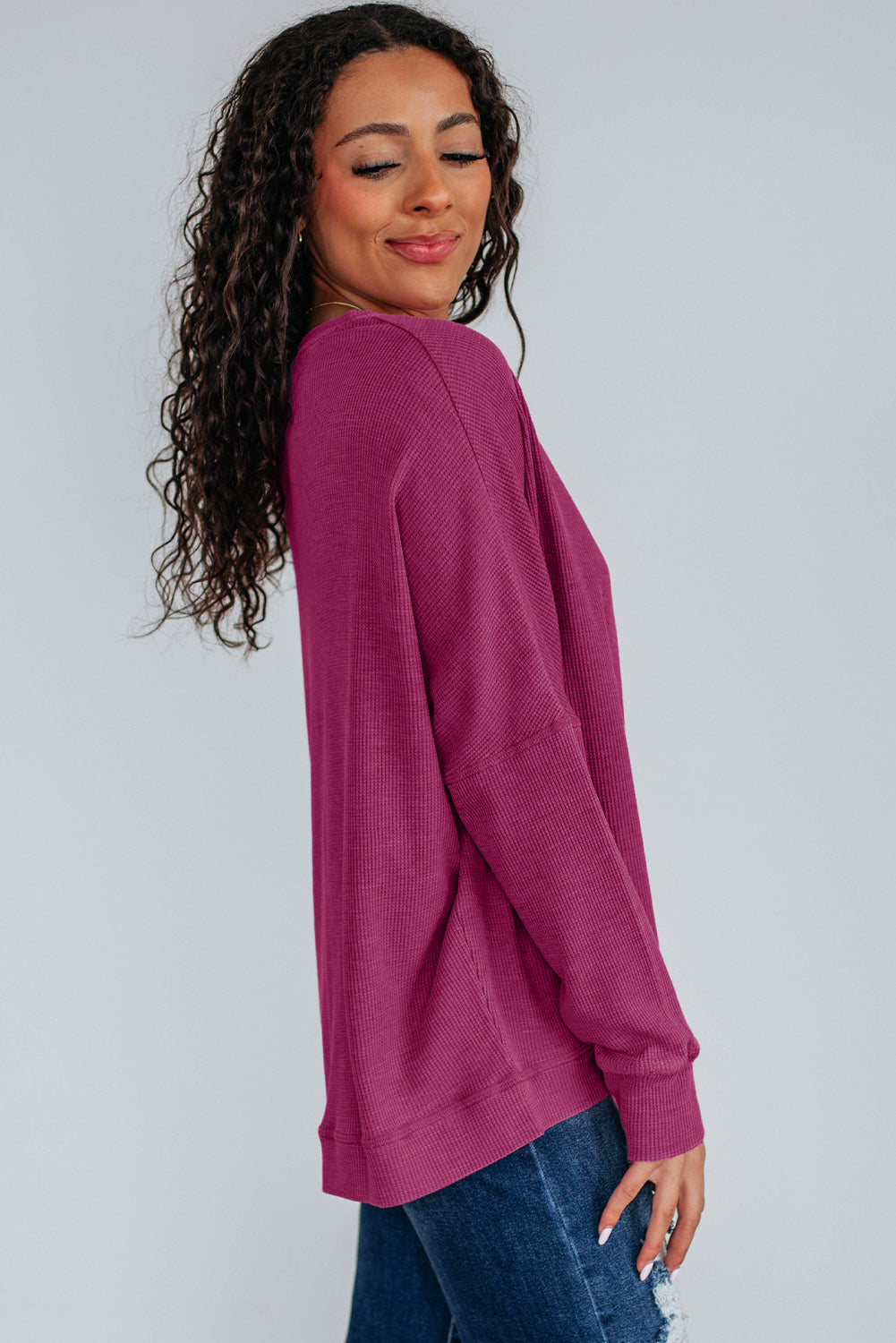 Bright Pink Ribbed Plain Long Sleeve Loose Top