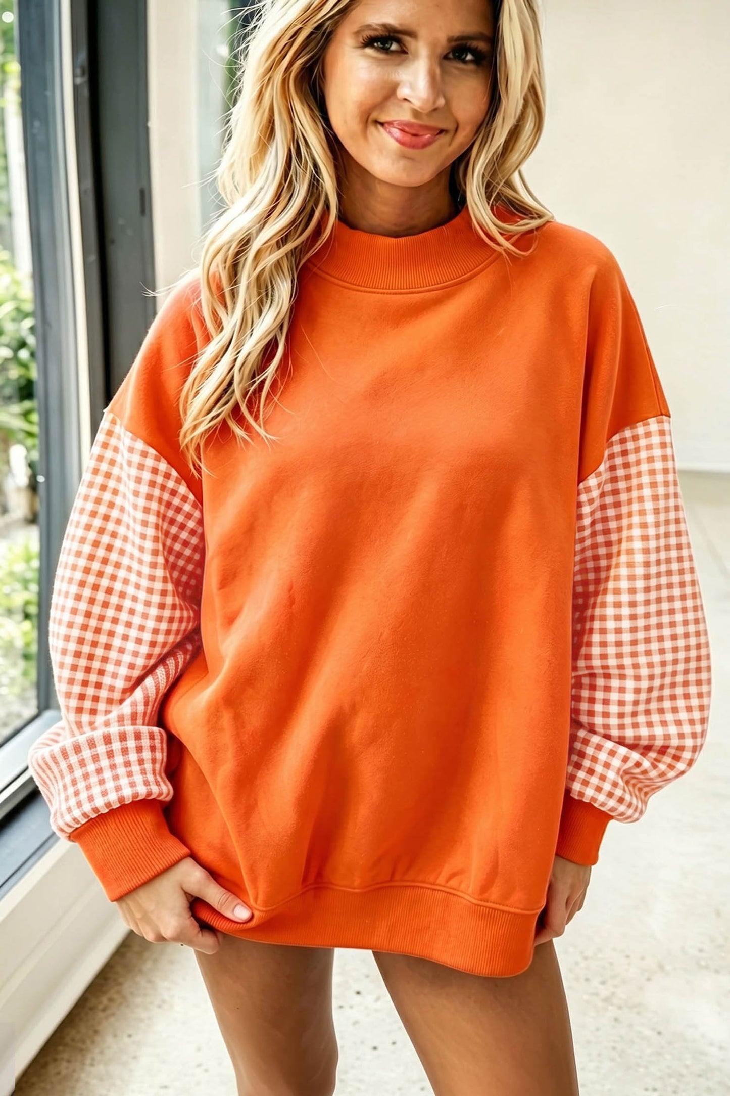 Coffee Plaid Sleeve Colorblock Loose Tunic Sweatshirt
