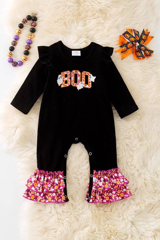 Black "BOO" Applique baby romper. RPG51595 Jean: 3-6 months