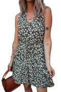 Green Boho Floral Print V Neck Knot Waist Sleeveless Dress