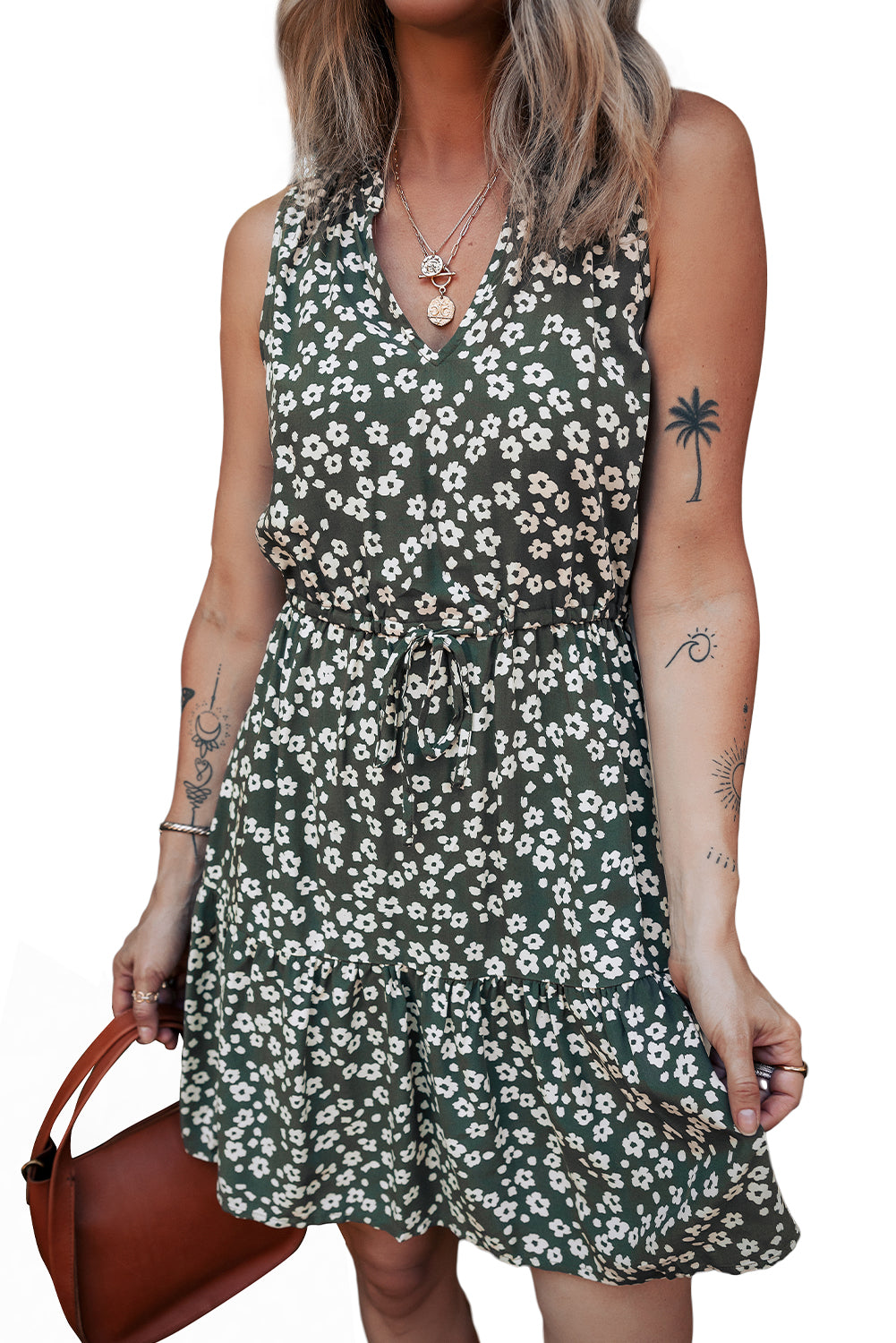 Green Boho Floral Print V Neck Knot Waist Sleeveless Dress