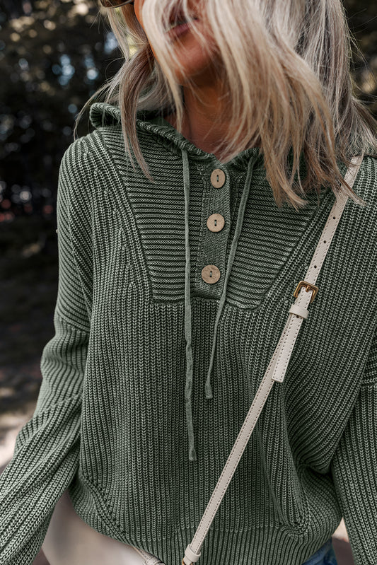 Mist Green Mineral Wash Ribbed Knit Drawstring Hooded Sweater