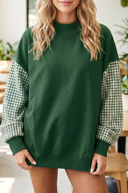 Coffee Plaid Sleeve Colorblock Loose Tunic Sweatshirt