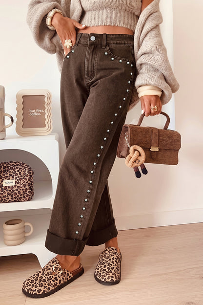 Navy Blue Studded Detail Straight Leg Casual Loose Jeans