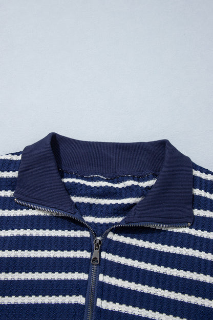 Blue Stripe Textured Knit Half Zip Collared Long Sleeve Top