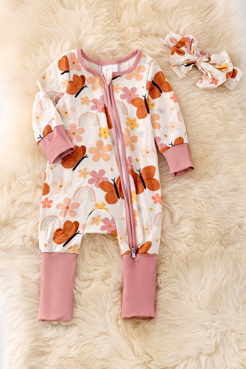 🎍Bamboo made w/butterfly print onesie foot closure & matching headband.