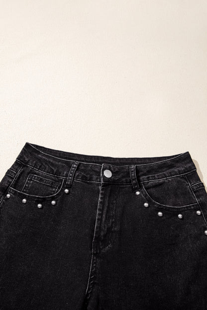 Navy Blue Studded Detail Straight Leg Casual Loose Jeans