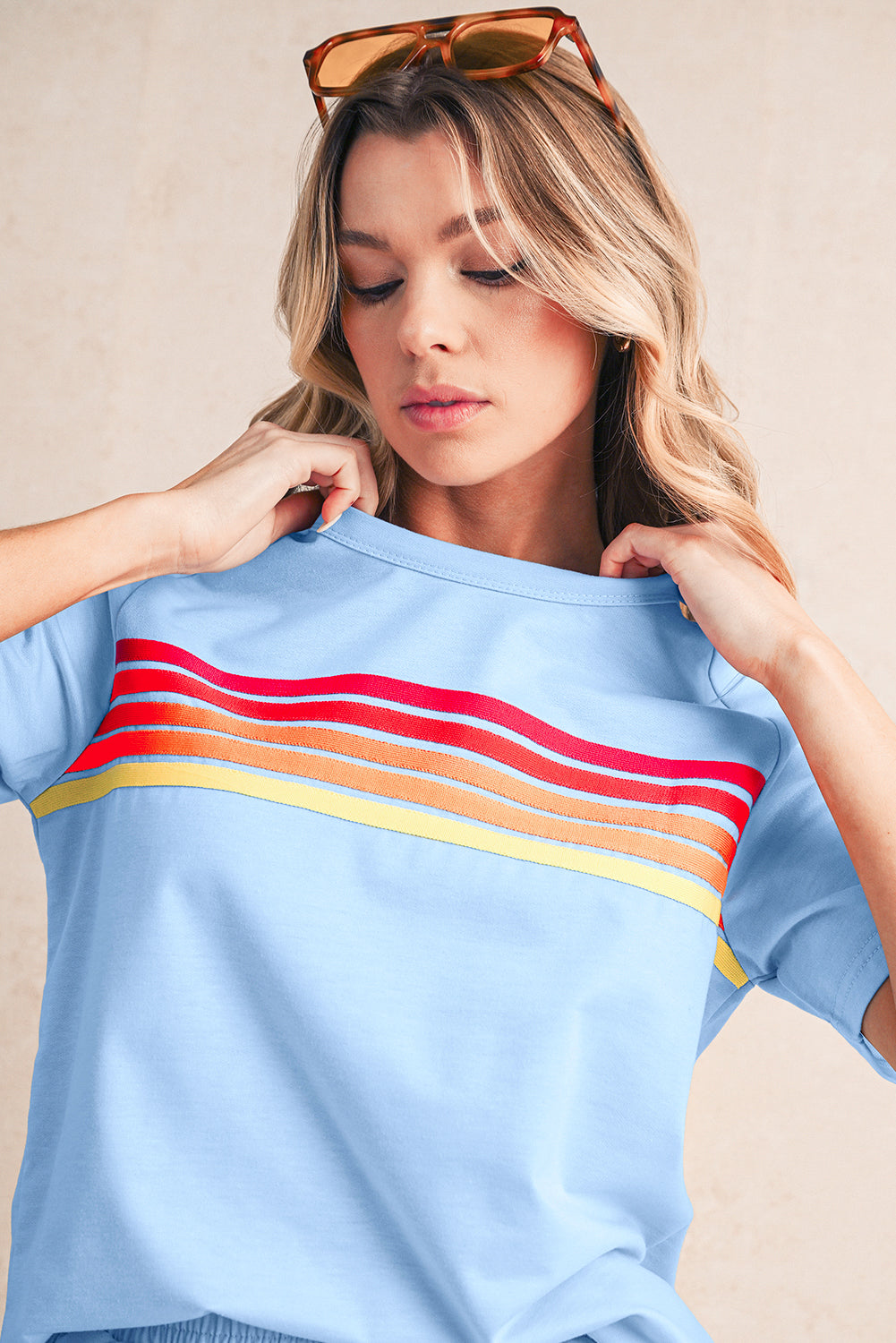 Beau Blue Colorful Striped Casual Tee