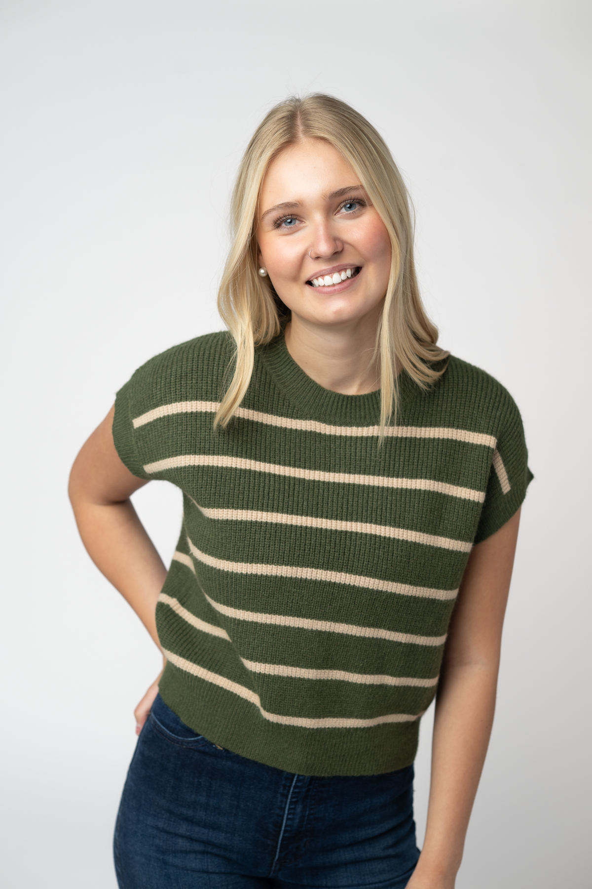 IN STOCK Striped Sweater Top - Olive and Tan: Small