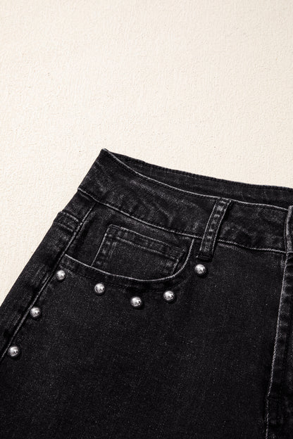 Navy Blue Studded Detail Straight Leg Casual Loose Jeans