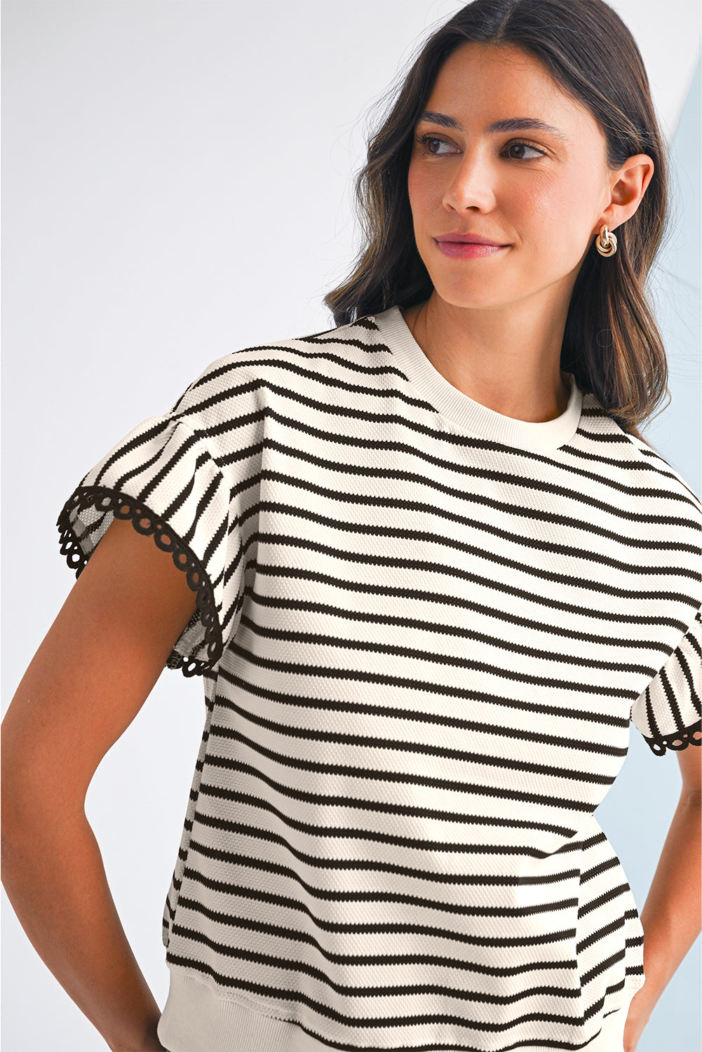 Black Stripe Scallop Lace Trim Ruffle Sleeves Crewneck Top