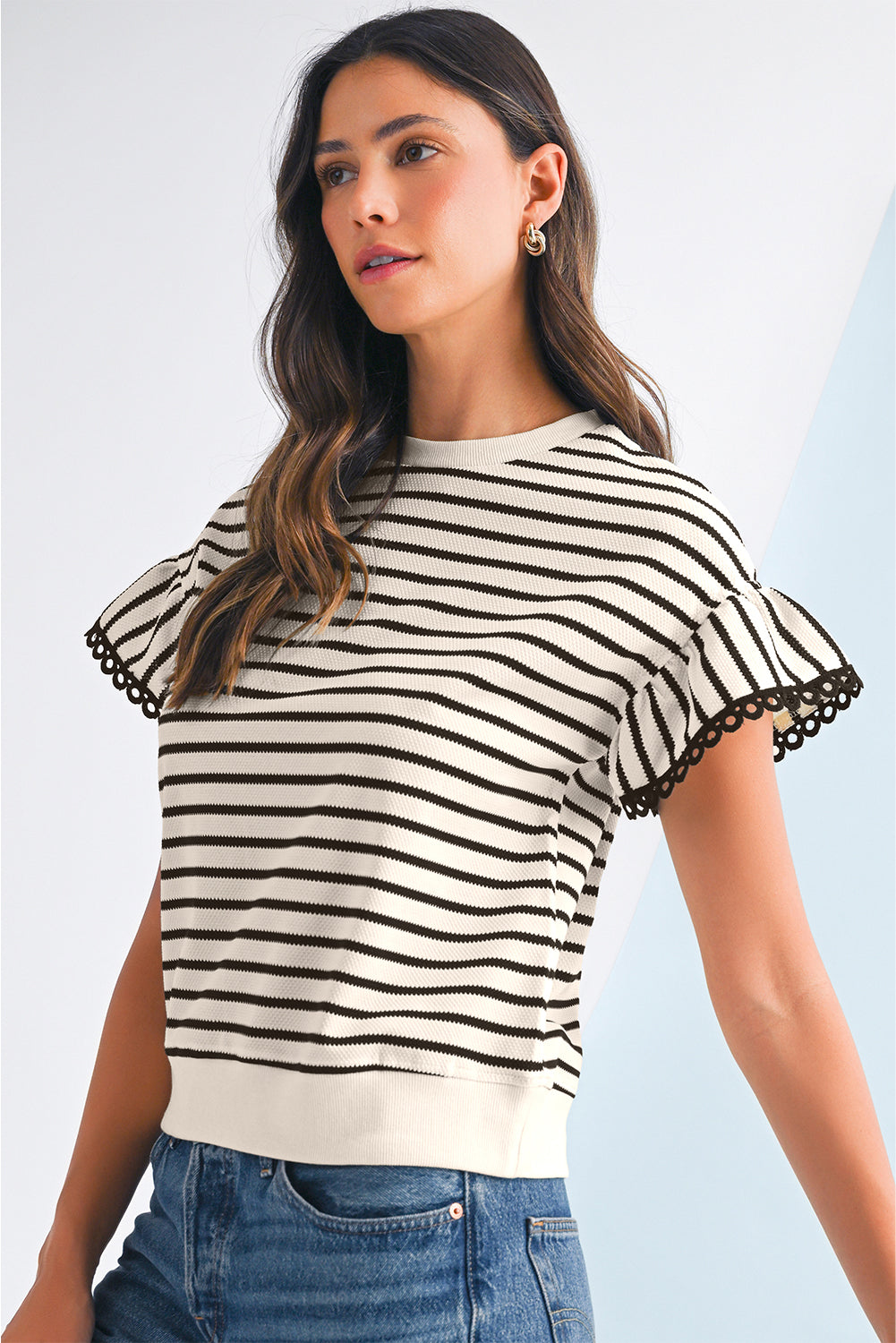 Black Stripe Scallop Lace Trim Ruffle Sleeves Crewneck Top