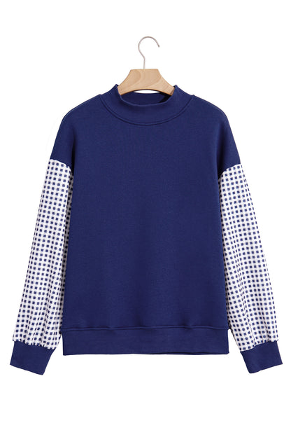 Coffee Plaid Sleeve Colorblock Loose Tunic Sweatshirt