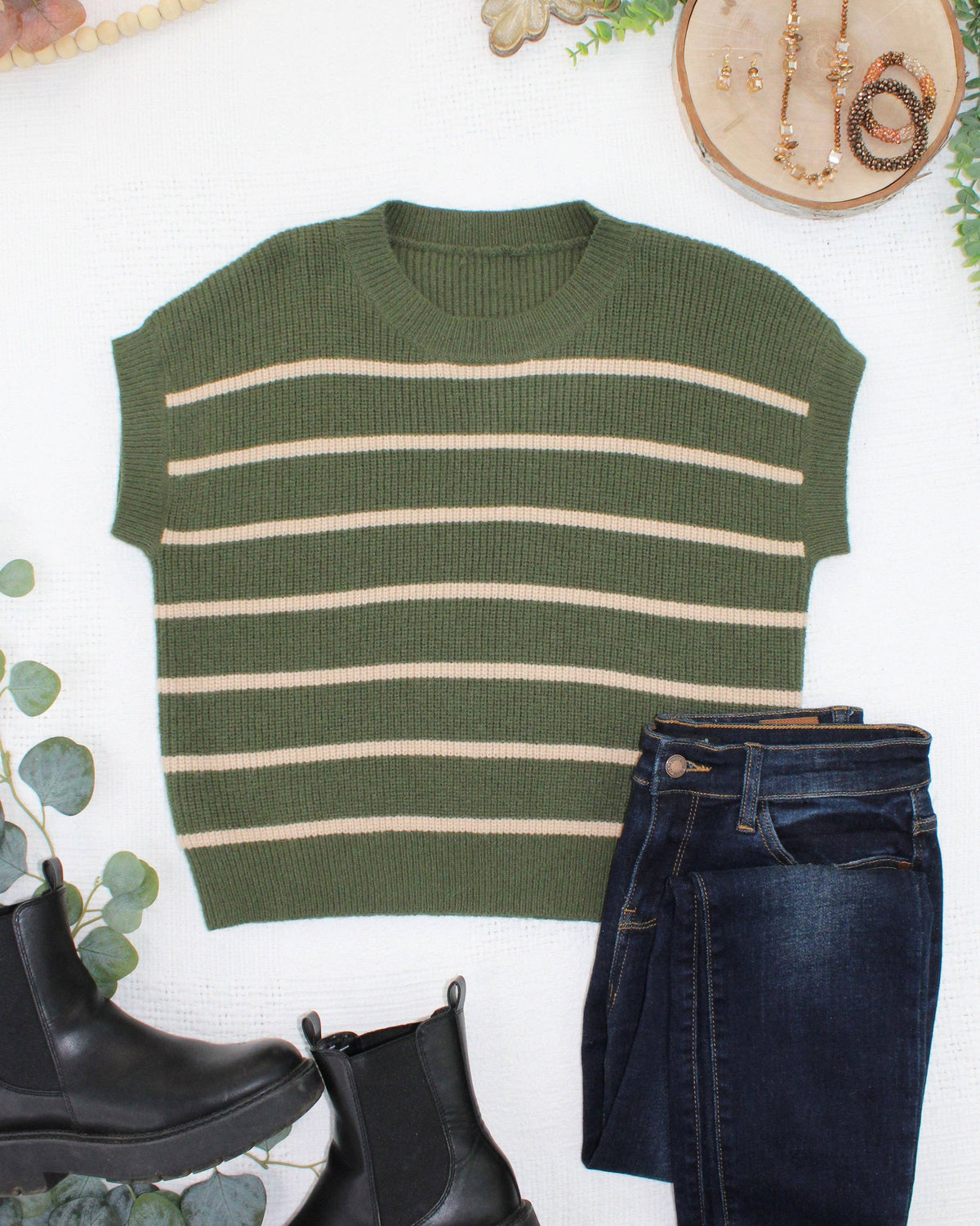 IN STOCK Striped Sweater Top - Olive and Tan: Small