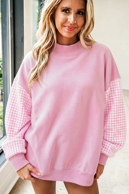 Coffee Plaid Sleeve Colorblock Loose Tunic Sweatshirt