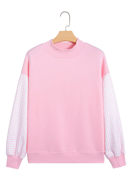 Coffee Plaid Sleeve Colorblock Loose Tunic Sweatshirt