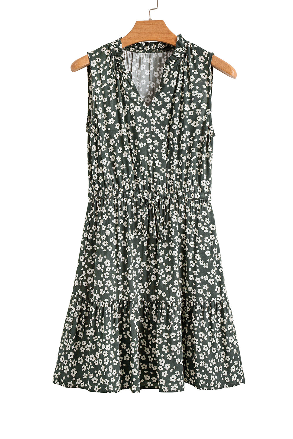 Green Boho Floral Print V Neck Knot Waist Sleeveless Dress