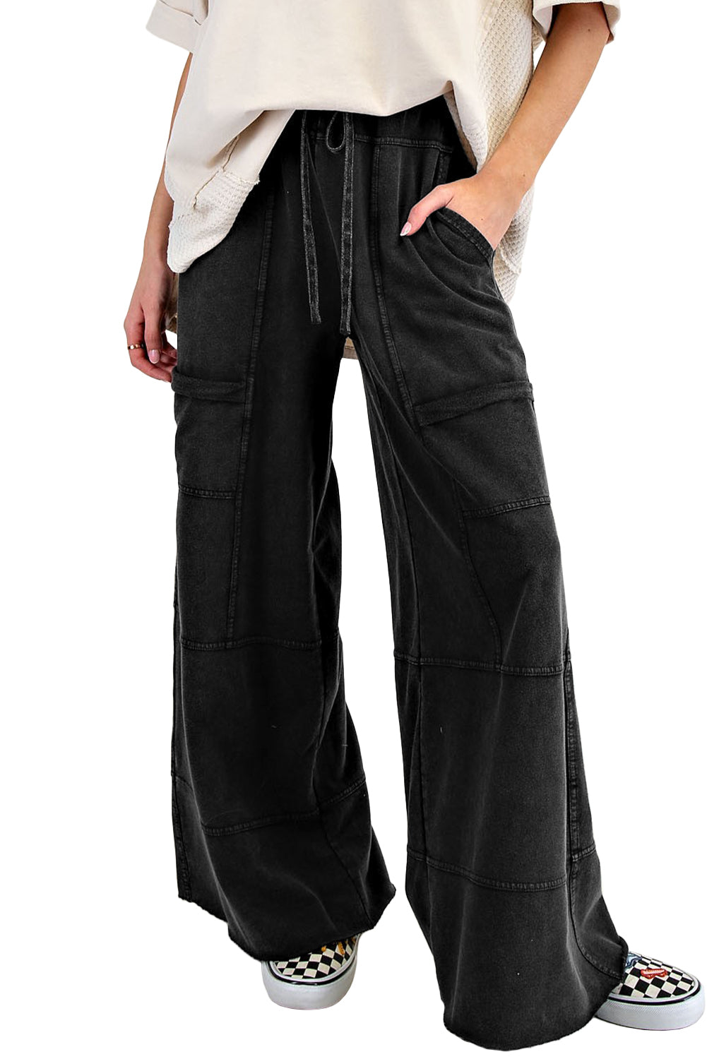 Black Mineral Wash Exposed Seam Wide Leg Cargo Pants