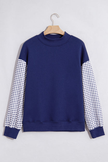 Coffee Plaid Sleeve Colorblock Loose Tunic Sweatshirt